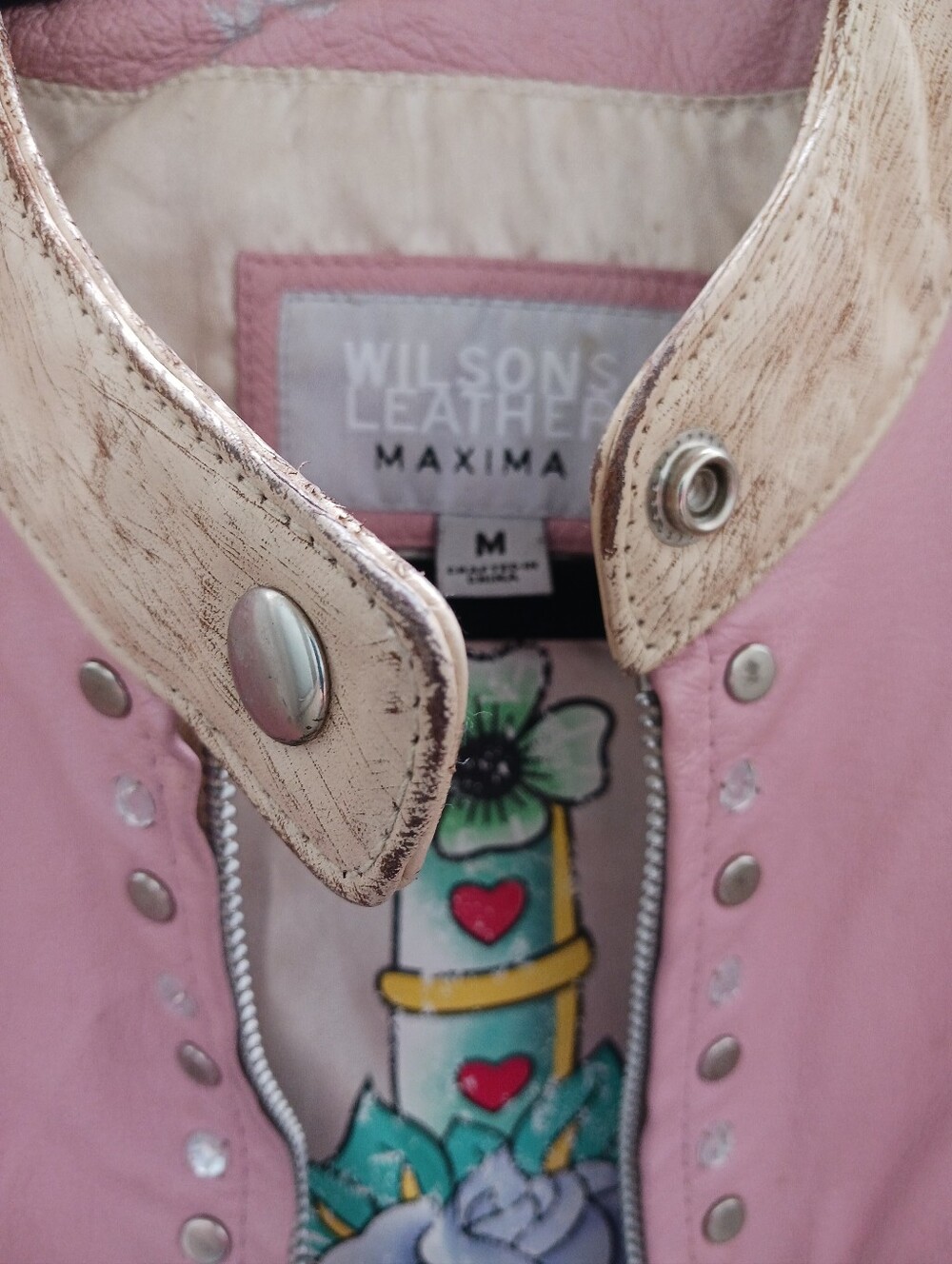 Vintage Wilsons Leather Pink distressed Leather Jacket With Tattoo Design - Picture 5 of 6